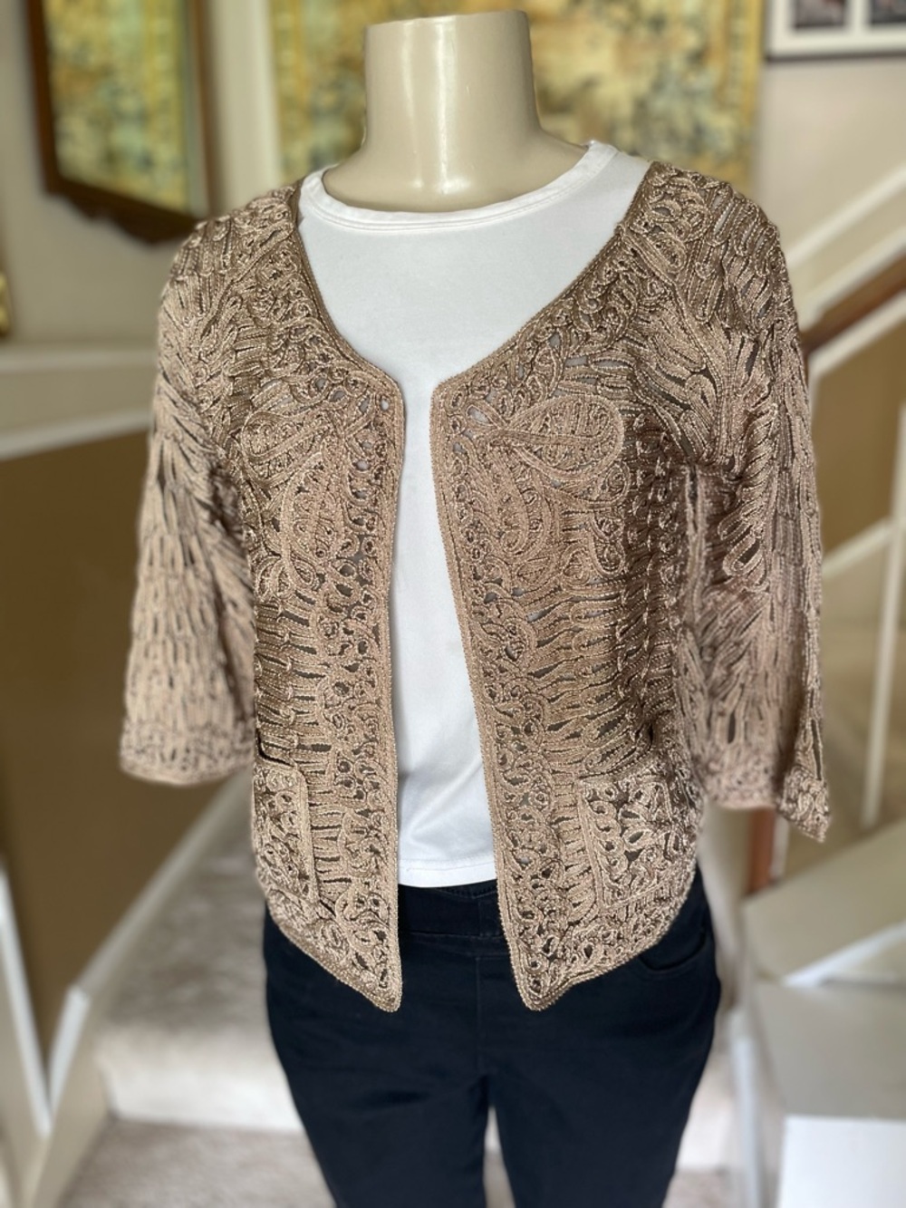 Yaze Gold / Tan Cardigan Jacket Wo M Artsy Boho Crop Formal Evening Coatigan EUC